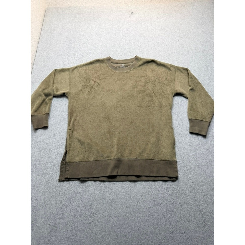Aerie Real Bare Fleece Sweatshirt Olive Green Crewneck Side Slit Pullover Medium